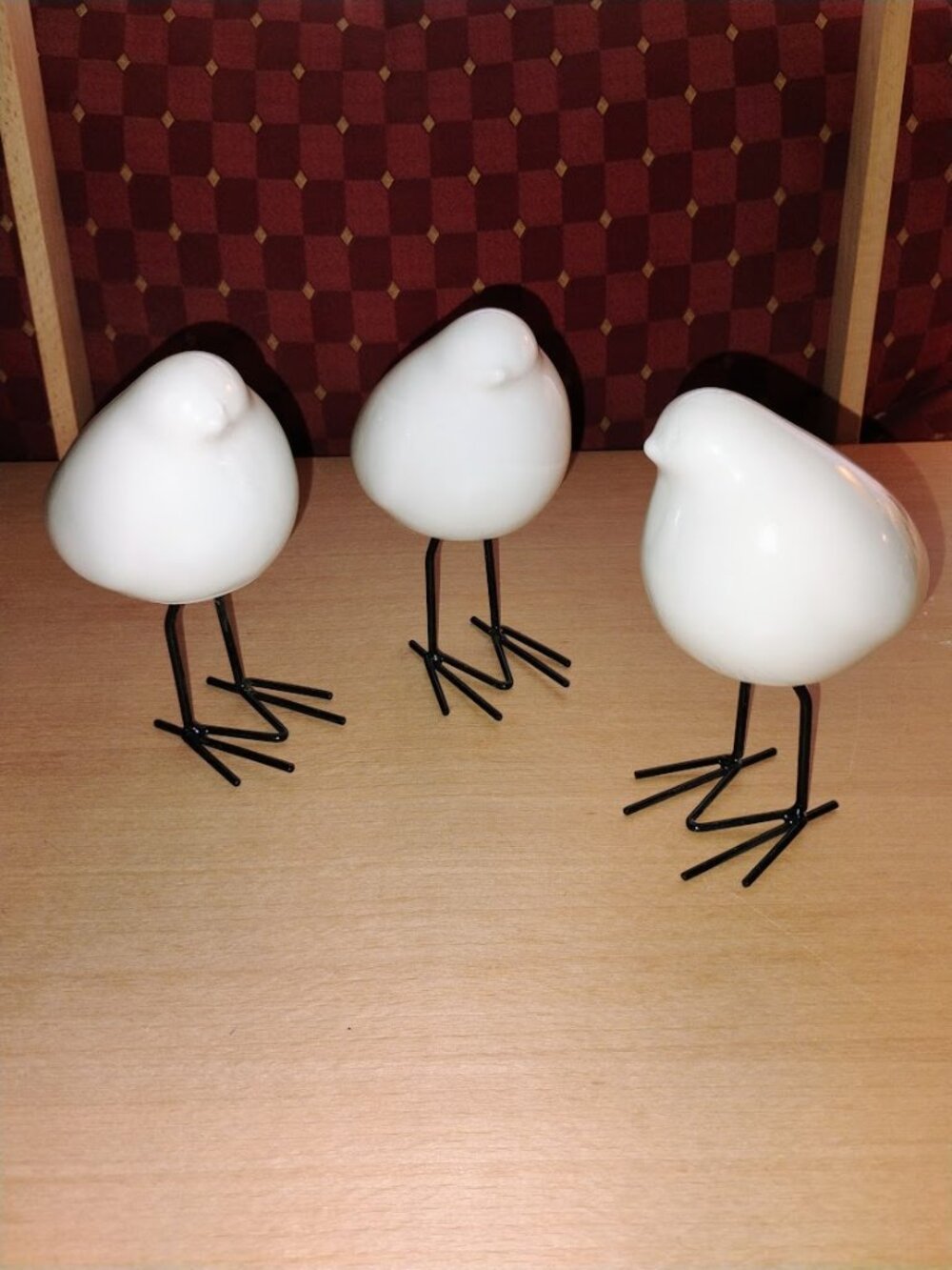 Minimalist White Ceramic Bird Figurines with Black Wire Legs - Set of 3